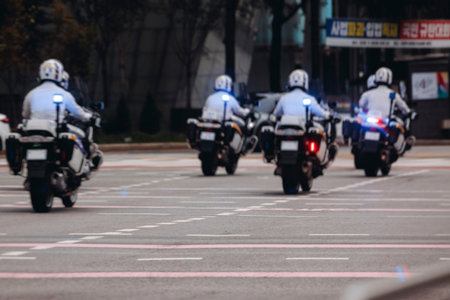 Korean traffic police squad formation on the road, riding bike and motorcycle, highway patrol...
