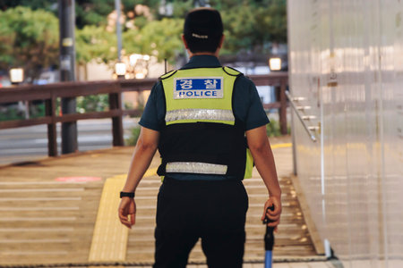 Police squad formation in protective uniform, policemen officer patrol maintain public during...