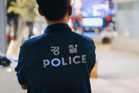 Korean Police squad formation in protective uniform with Police logo, policemen officer patrol...
