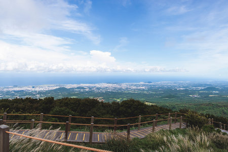 Hallasan National Park, Jeju island, South Korea, vibrant view of trail with a wooden ladder path...