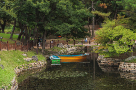 Gyeongju, South Korea, view of Donggung Palace and Wolji Pond in a sunny day, North Gyeongsang...