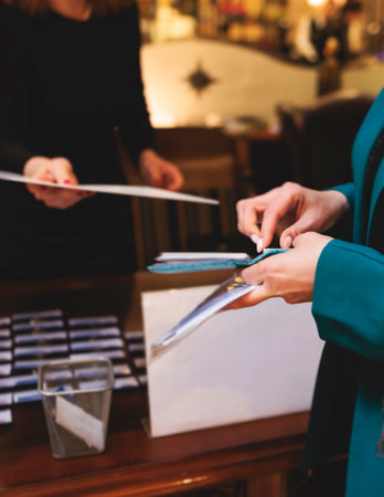 Process of checking in on conference congress forum event, registration desk table, visitors and...