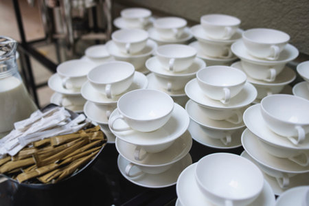 Set of coffee break lunch in the hotel restaurant during conference meeting, with tea and coffee...