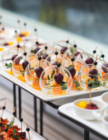 Decorated catering table buffet, banquet with variety of different gourmet exquisite food snacks...