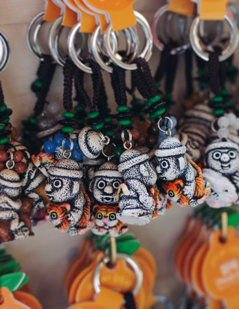 Tourist gifts and Korean souvenirs from Jeju Island, Jeju-do, South Korea, tangerine hallabong figures in orange color, knitted toys, fridge magnets, key ring keychain, a local gift vendor shop market