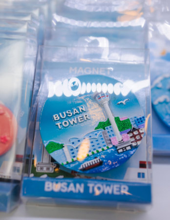 Tourist gifts and Korean souvenirs from Busan, South Korea,  toys and figurines, fridge magnets and key ring keychain, key fobs and postcards with symbols of Busan in a local gift vendor shop market