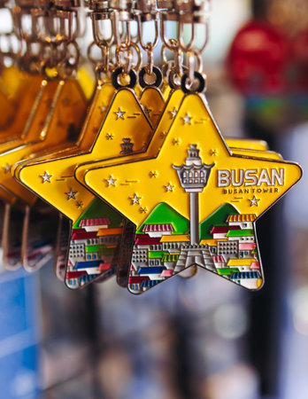 Tourist gifts and Korean souvenirs from Busan, South Korea,  toys and figurines, fridge magnets and key ring keychain, key fobs and postcards with symbols of Busan in a local gift vendor shop market