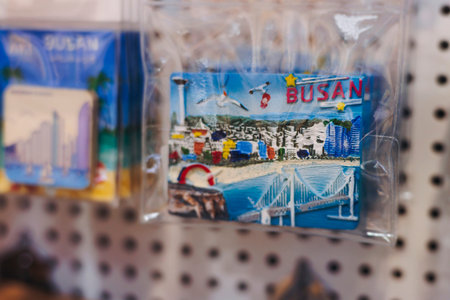 Tourist gifts and Korean souvenirs from Busan, South Korea,  toys and figurines, fridge magnets and key ring keychain, key fobs and postcards with symbols of Busan in a local gift vendor shop market