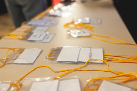 Process of checking in on conference congress forum event, registration desk table, visitors and attendees receiving lanyard with name badge and entry wristband bracelet and register electronic ticket