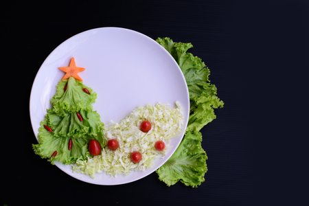 Christmas tree made of lettuce on a white dish Isolated.の写真素材