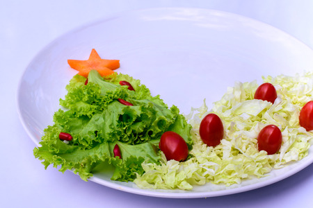 Christmas tree made of lettuce on a white dishの写真素材