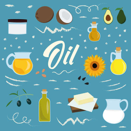 Set of vegetable oils in a flat design with doodle elements on the background. Includes olive, sunflower, coconut, avocado, linseed oil and butter.のイラスト素材