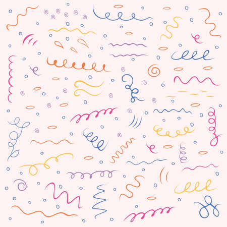 Multicolored hand drawn doodle set. Includes different swirls, circles, bubbles, ovals in pink, yellow, blue, purple and orange. Template for patternsのイラスト素材