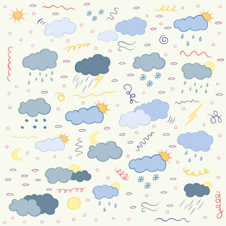 Hand drawn doodle weather set. Includes clouds, sun, moon, snowflakes, hail, rain. Weather...