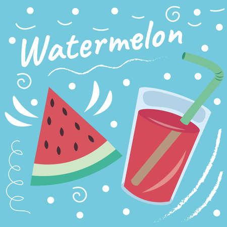 Watermelon and smoothie flat design with doodle elements on the background. Includes a piece of watermelon, a glass of watermelon smoothie, straw, doodle elements such as swirls, cのイラスト素材