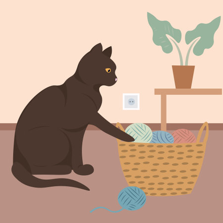 Vector flat brown cat and basket with yarn. Includes a cat playing with balls of yarn and an interior in the background.のイラスト素材
