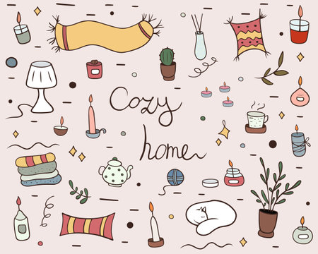 Colored doodle set with elements related to comfort. Illustration of a cozy home for banners, textiles and packaging. Set of graphic elements with letteringのイラスト素材