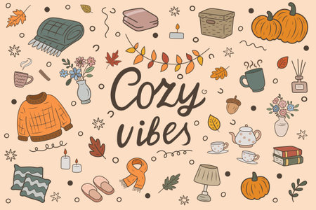 Bright vector doodle image with handwritten lettering Cozy vibes surrounded by autumn elements. Perfect for seasonal projects, cards and decor. Warm color palette, cute detailsのイラスト素材