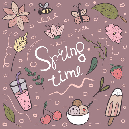 Bright doodle image with Spring Time lettering with decorative spring elements. Perfect for seasonal projects, cards and decor.のイラスト素材