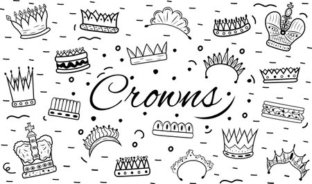 Black and white doodle illustration with various stylized crowns and decorative elements. Suitable for postcards, invitations or decorative elements.のイラスト素材