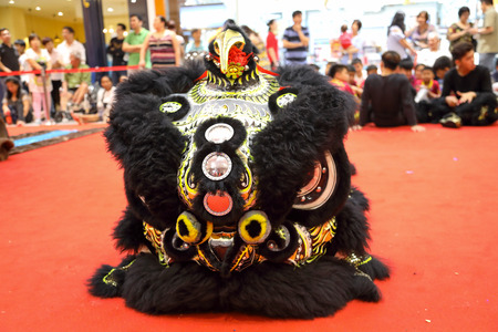Chinese dragon head, Lion dance dragon head on floor with background artistic blurのeditorial素材