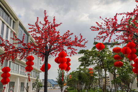 Outdoor Chinese New Year decorations of red lanternsの写真素材