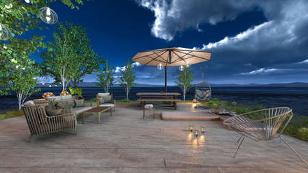 3D rendering of terrace with seaの写真素材