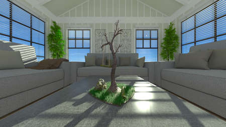 3D rendering of the sea view living room
