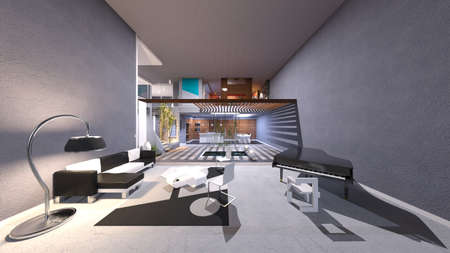 3D rendering of the living dining without partitions