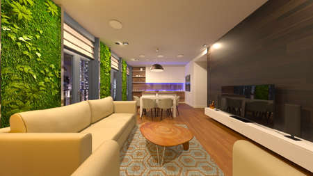 3D rendering of the living room with night view