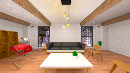 3D rendering of the living room with night view