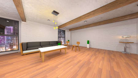 3D rendering of the living room with night view