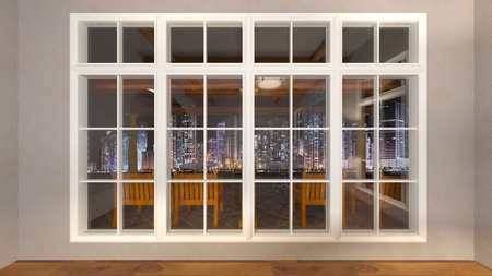 3D rendering of the living room with night view