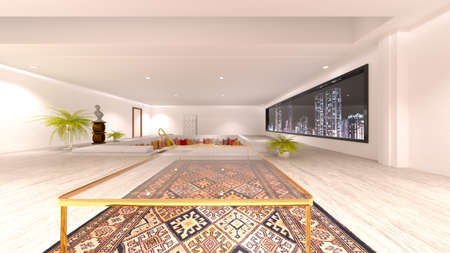 3D rendering of the living room with night view