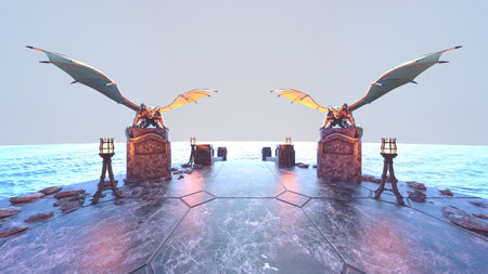 3D rendering of the pier with a pterosaur sculptureの写真素材