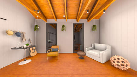 3D rendering of the living room with wooden beamsの写真素材