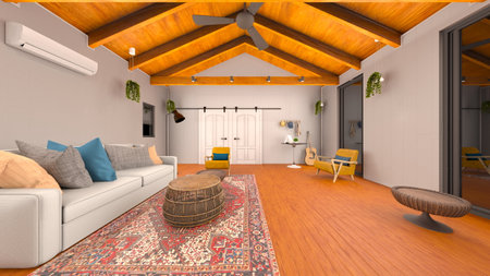 3D rendering of the living room with wooden beams