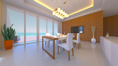 3D rendering of the dining room with sea view