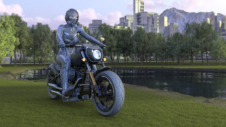 3D rendering of a cyber woman riderの写真素材