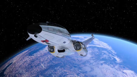 3D rendering of a spaceship and the earth