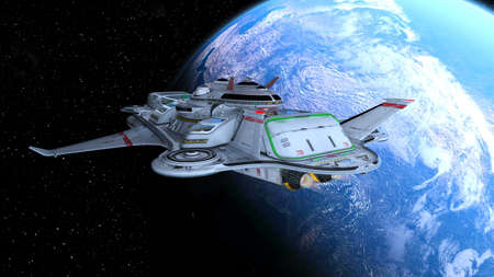 3D rendering of a spaceship and the earth