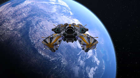3D rendering of a spaceship and the earth