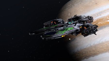 3D rendering of a spaceship and the planet