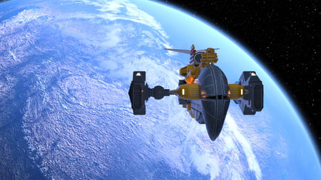 3D rendering of a spaceship and the earth