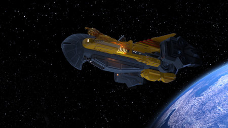 3D rendering of a spaceship and the earth