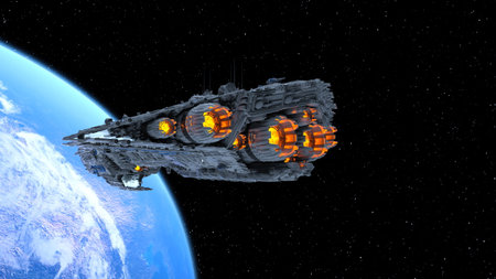 3D rendering of a spaceship and the earthの写真素材
