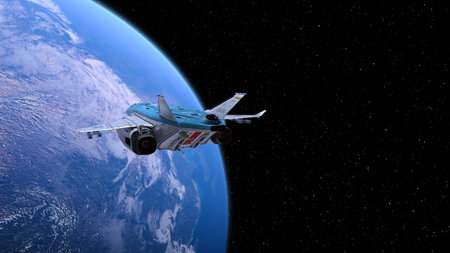 3D rendering of a spaceship and the earth
