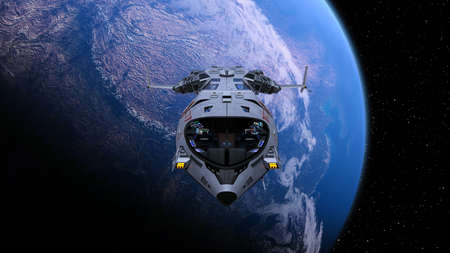 3D rendering of a spaceship and the earthの写真素材