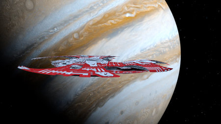 3D rendering of a spaceship and the planet