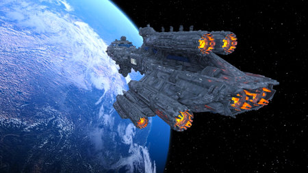 3D rendering of a spaceship and the earth